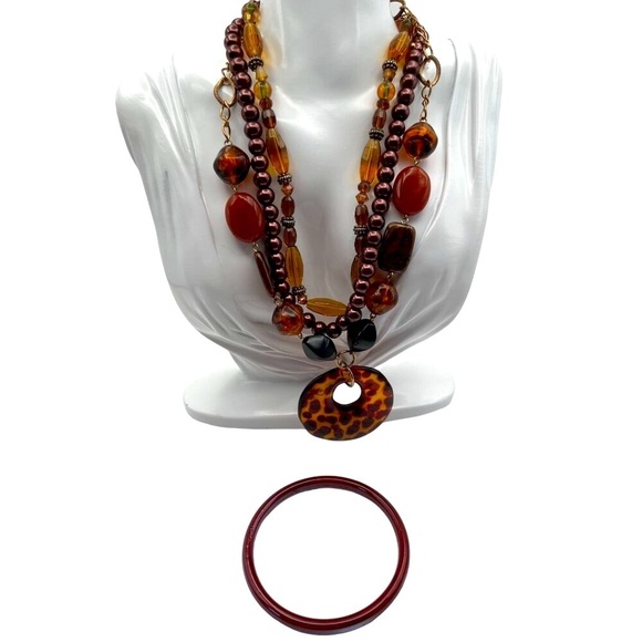 Vintage Multi-Layer Brown Beaded Necklace & Bangle Set  Boho Chic Amber N62 - Picture 1 of 6